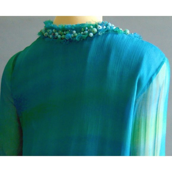 Dana Buchman Silk Aqua Beaded Tunic Dress 12 - Picture 5 of 7